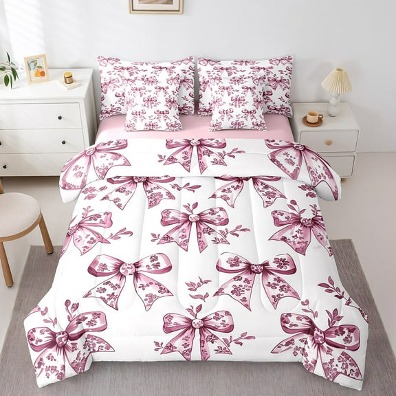 Erosebridal Floral Bow Bedding Sets Twin Size, Vintage Bowknot Comforter Sets with Sheets, Adult Teenager, Reversible 7 Pieces