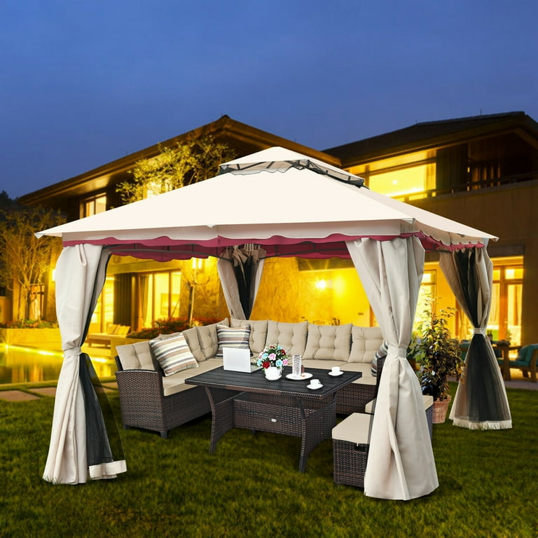 Gymax 13 x10 Outdoor Canopy Gazebo with Metal Double Roof Top Art Steel Frame Party Patio Gazebo with Netting Walmart