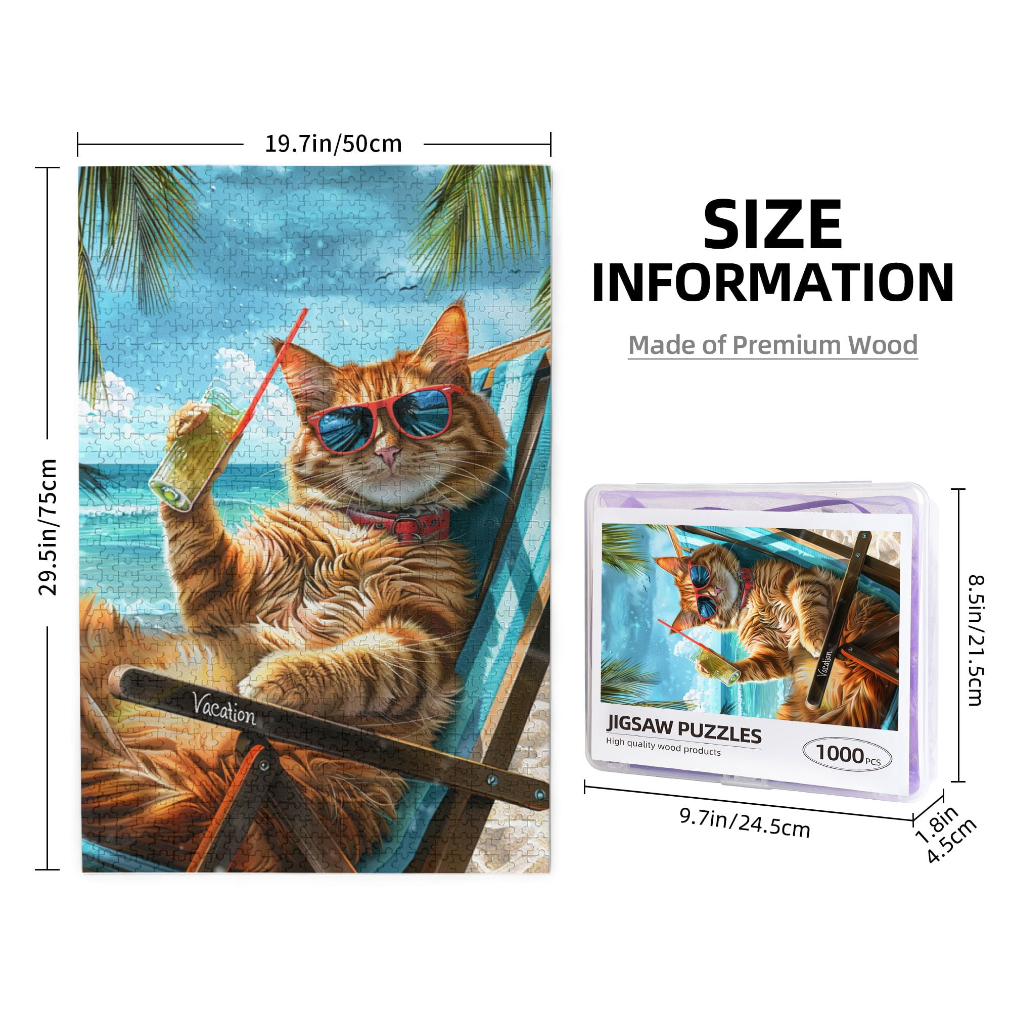1000 pcs 1000 Piece Vibrant Wooden Jigsaw Puzzle Cat's Beach Time,Unique Artwork for Adults,Funny Cat's Beach Time Stress relieving puzzle 1000 Piece,Great for Relaxation and Display for Puzzle Lover