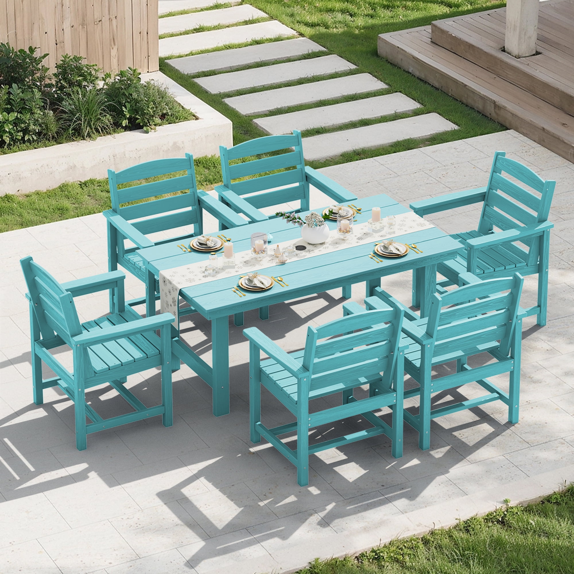 KINGYES All Weather Outdoor Dining Table with Umbrella Hole, HDPE Rectangular Patio Table for Backyard, Garden, Porch, Deck, Aruba Blue