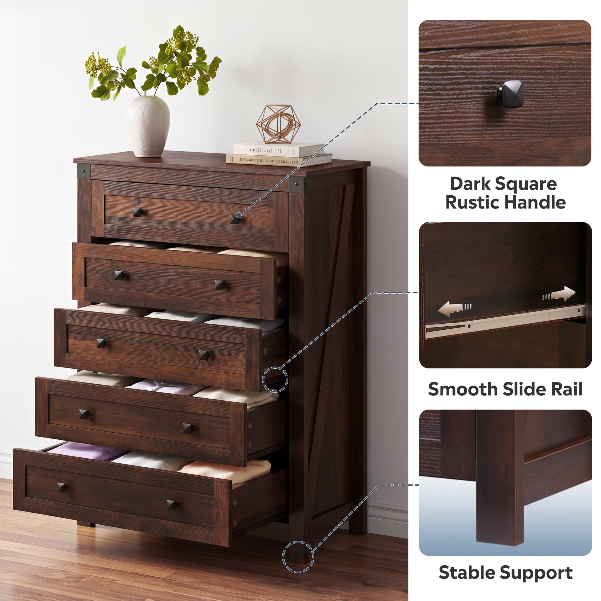 GALAXHERO Farmhouse 5 Drawer Dresser, Brown Tall Dresser with Double Rustic Handles, Wood Chest of Drawers for Bedroom, Living Room, Hallway