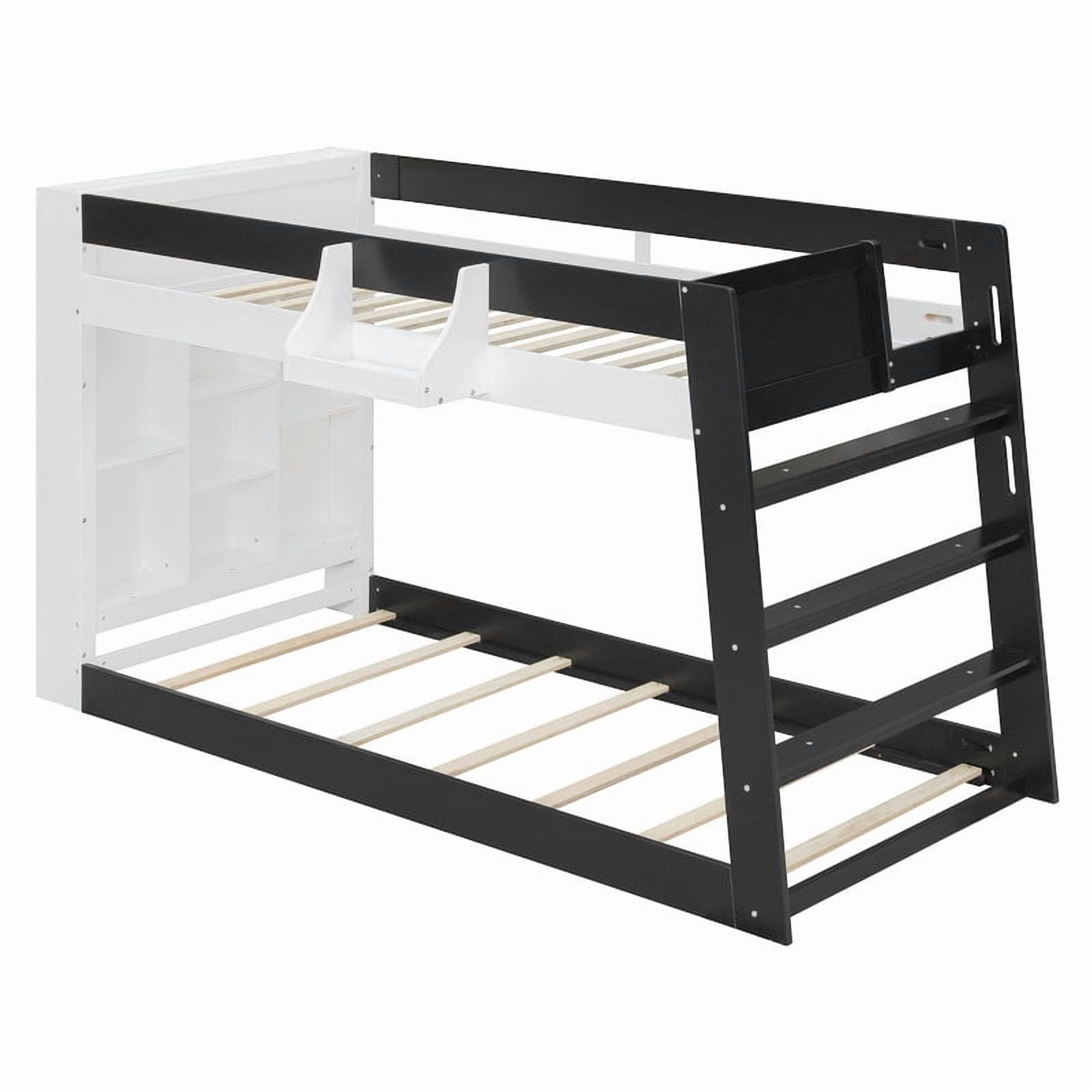 Twin-Over-Twin XL Kids/Teens Bunk Bed with Open Shelves & Guardrail, Accent Two-Tone Wood Storage Bed Frame with Bedside Rack