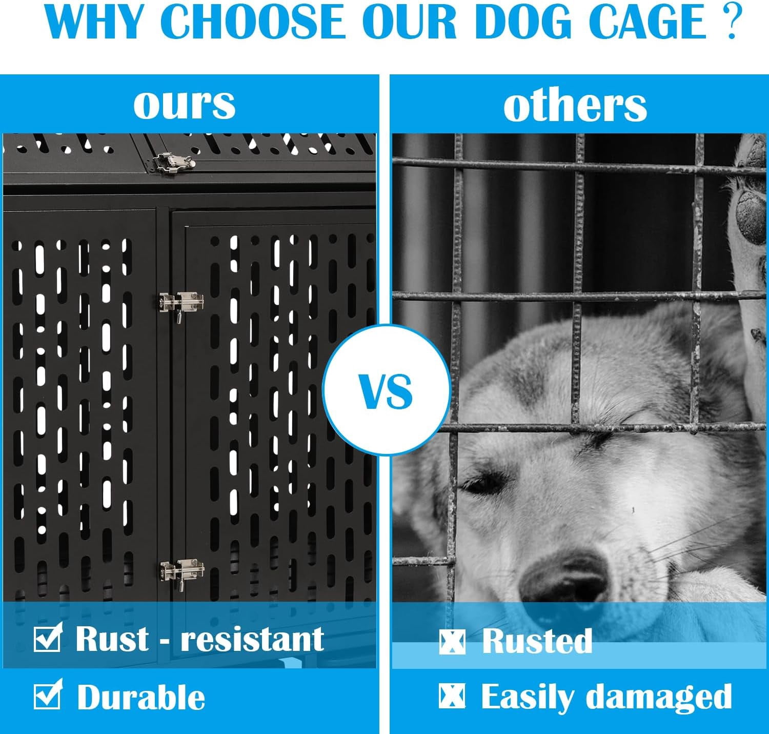 Ufyerutg 45'' Indestructible Heavy Duty Dog Crate, Escape Proof Strong Steel Impact Pet Cage for Large Medium Dogs, High Anxiety Sound Proof Chewproof Kennel Double Door with Trays and Wheels