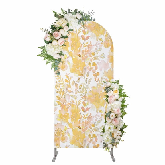 Yellow Flowers Arch Backdrop Cover, Spandex Fitted Wedding Arch Cover, Watercolor Summer Botanical Floral Round Top Stand Covers for Birthday Ceremony Bridal Shower Party Decor 4x1.65 Ft