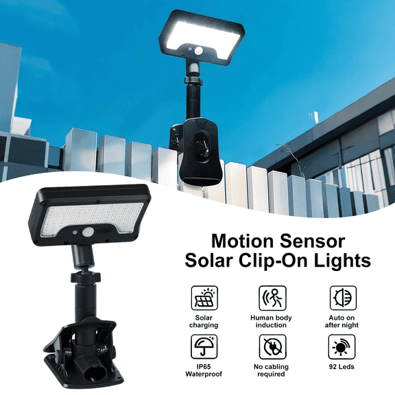 SPORTS JOY Clip-on Solar Lights with Motion Sensor,3-Mode,360 Degree Rotation,92 LEDs,600LM Dual Charging,Waterproof Solar Fence Lights for Patio,Camp,Wall,Camping (1Pcs)