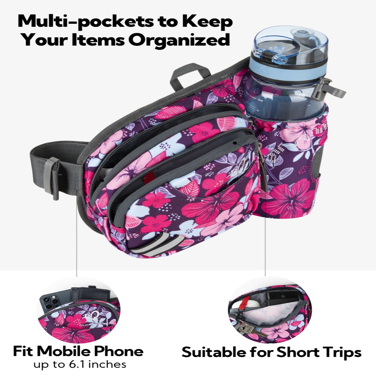 WATERFLY Unisex 3.5L Nylon Fanny Packs with a Water Bottle Holder Travelling Hiking Walking,Purple flowers