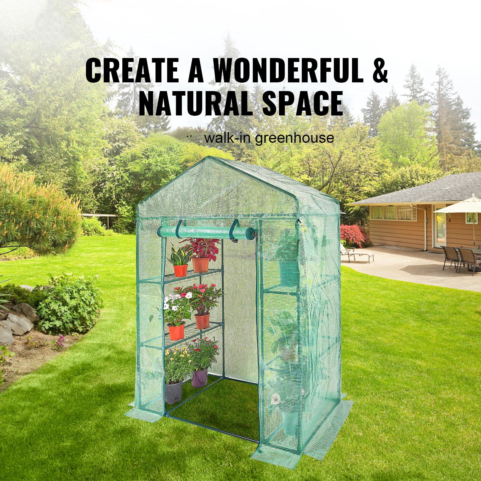 VEVOR 56.4x28.8x78'' Mini Walk-in Green House Garden 3 Tier 6 Shelves Movable Plant Greenhouse Indoor Outdoor Portable Plant Gardening Canopy, W/ Roll-up Zipper Entry Door