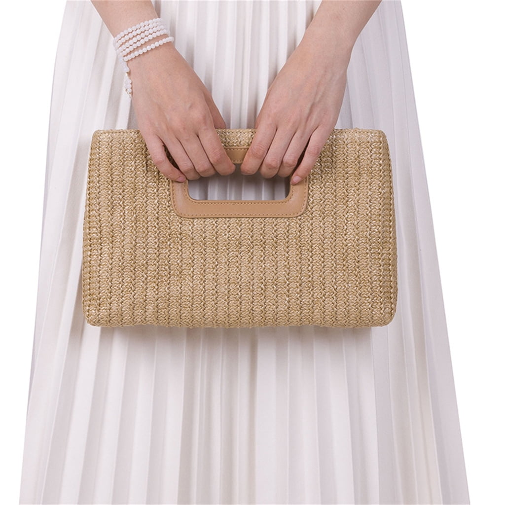 FENOHREFE Straw Clutch Handbag Summer Beach Straw Purse for Women Woven Beach Bag Straw Shoulder Crossbody Bag Evening Handbag