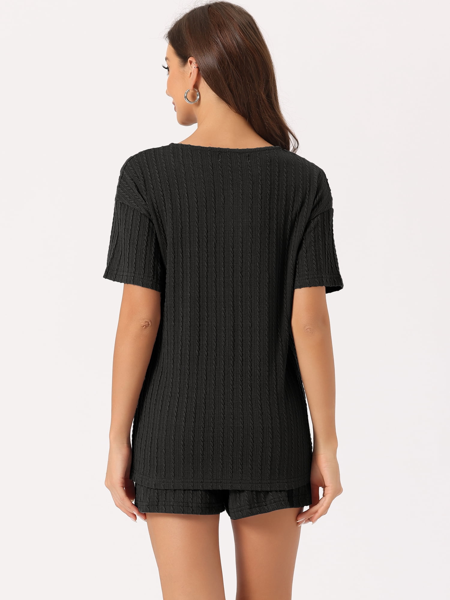DARING DIVA Women's Lounge Sets Ribbed Knit Short Sleeves Pajamas with Shorts S Black
