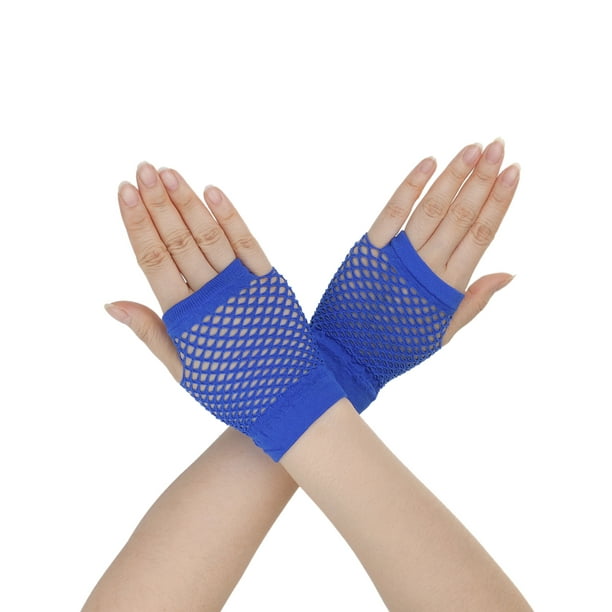 INSPIRAR CHIC Guantes de malla sin dedos para mujeres, accesorios de disfraz de fiesta de los años 80, guantes de red cortos - 1 par, azul real