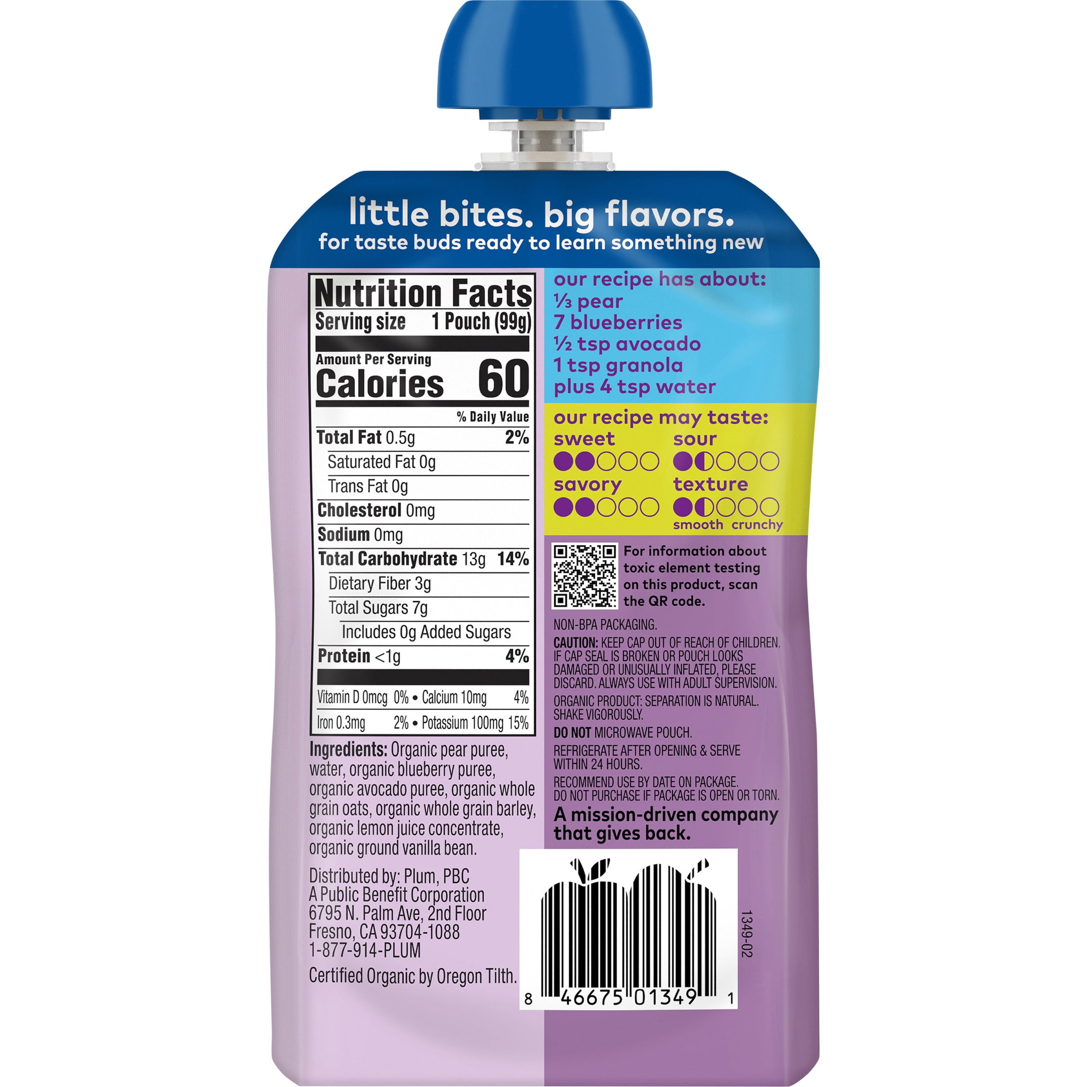 (4 pack) Plum Organics® Stage 2 Organic Baby Food Pear, Blueberry, Avocado + Granola 3.5oz Pouch