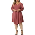 thumbnail image 2 of Unique Bargains Women's Plus Size Midi V Neck 3/4 Sleeve Swing Loose Dresses 2X Pink, 2 of 6