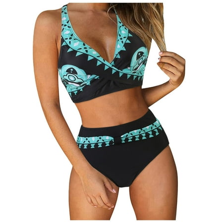 gdxvjhbj Womens Bathing Suits Women Two Piece Vintage Swimsuit Retro Halter Ruched High Waist Bikini with Bottom (Dark Blue L)