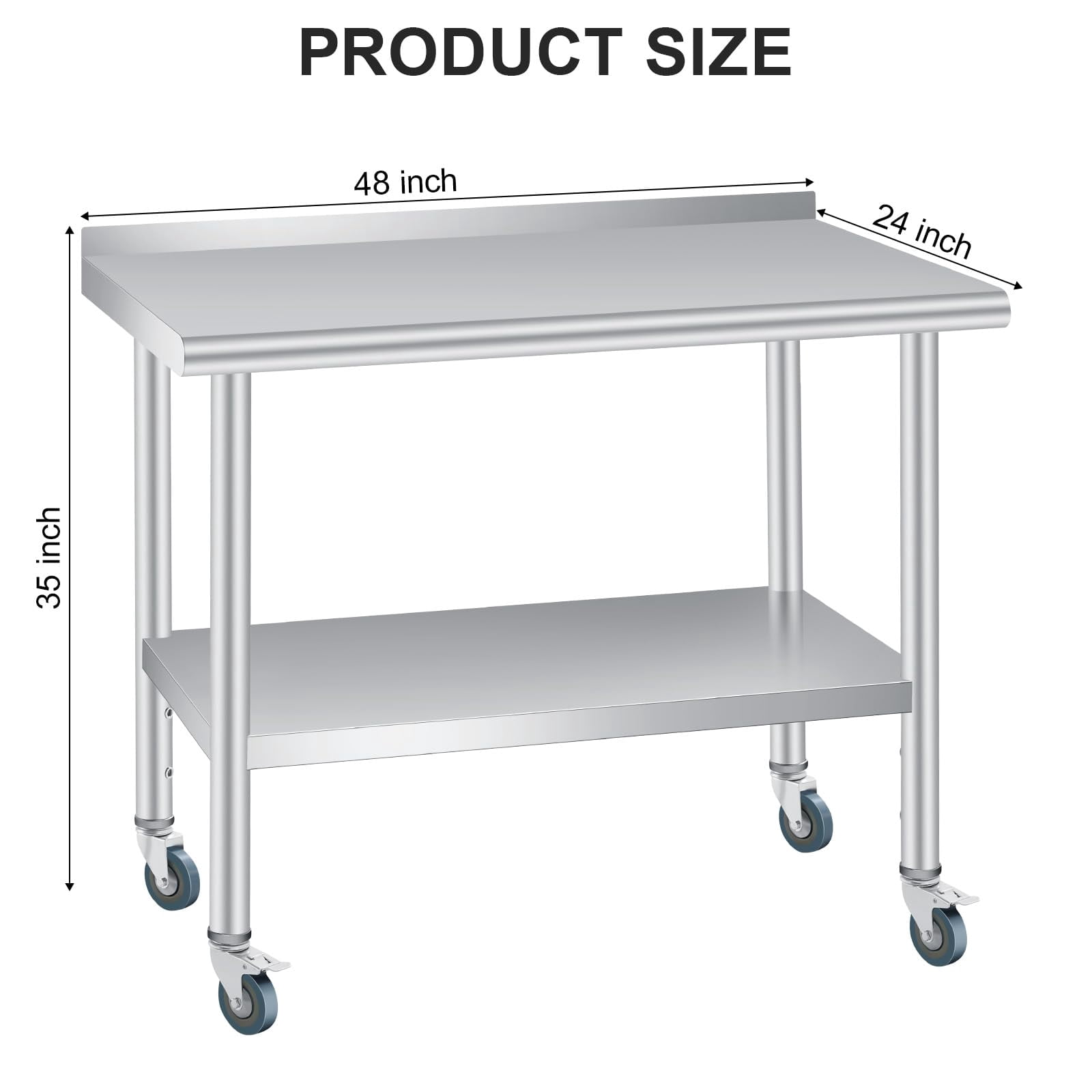 Stainless Steel Prep Table with Backsplash & Adjustable Shelf – 4-Caster Rolling Workbench for Commercial Kitchen, Restaurant, Hotel and Workshop Use - 48x24 Inch
