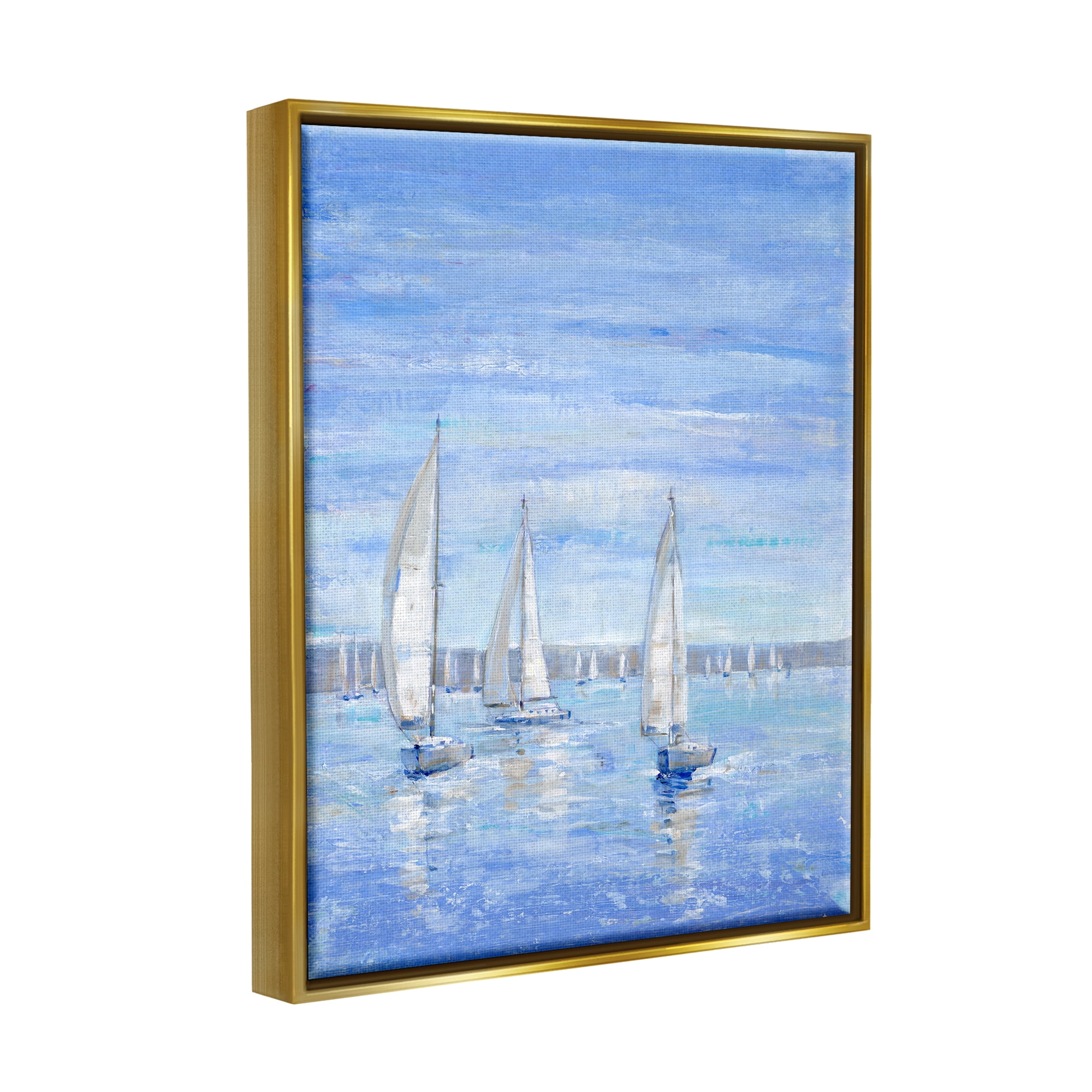 Stupell Industries Blue Sailboat Fleet Transportation Painting Gold Floater Framed Canvas Art Print Wall Art, 17 x 21