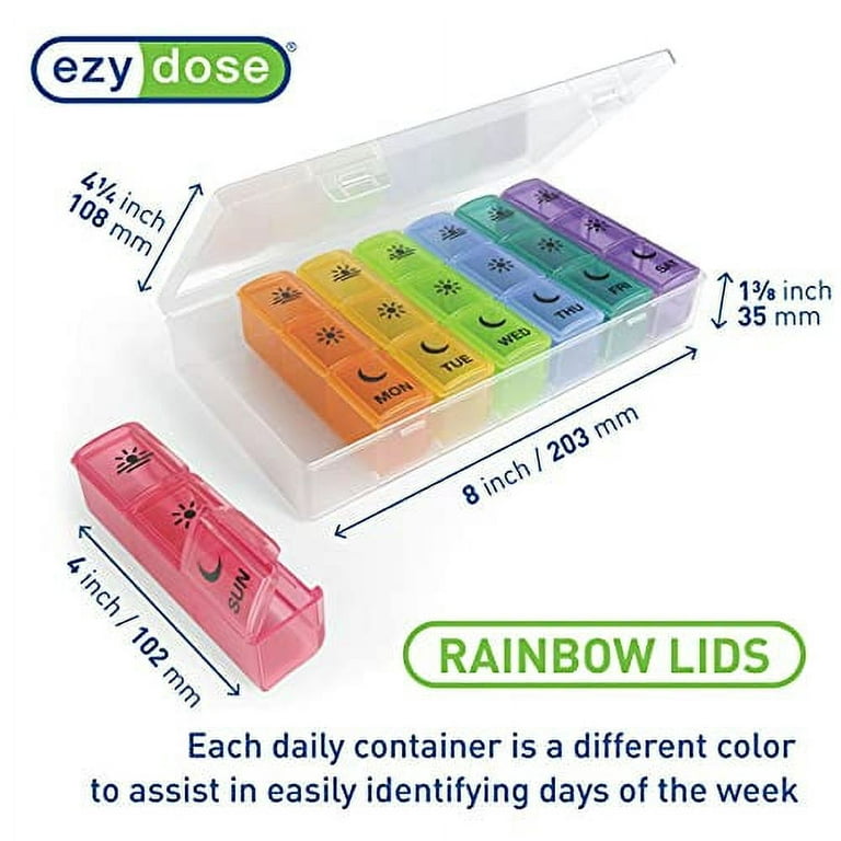 Ezy Dose Weekly (7-Day) Pill Organizer, Vitamin and Medicine Box, X-Large  Pop-Out Compartments, 3 Times a Day, Rainbow Lids with Case 