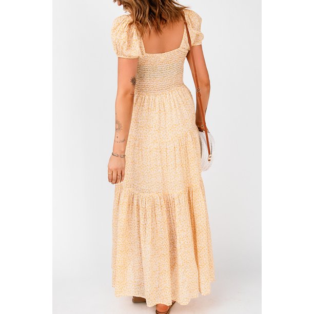 ABPHQTO Vestido largo floral de manga corta con volantes amarillos para mujer