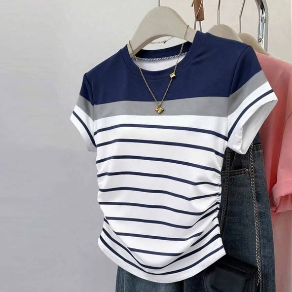QUNYINEY Summer T Shirts for Women Striped Cotton Short Sleeve Graphic Tees Slim Fit Casual Pullover Stretch Crew Neck Tops