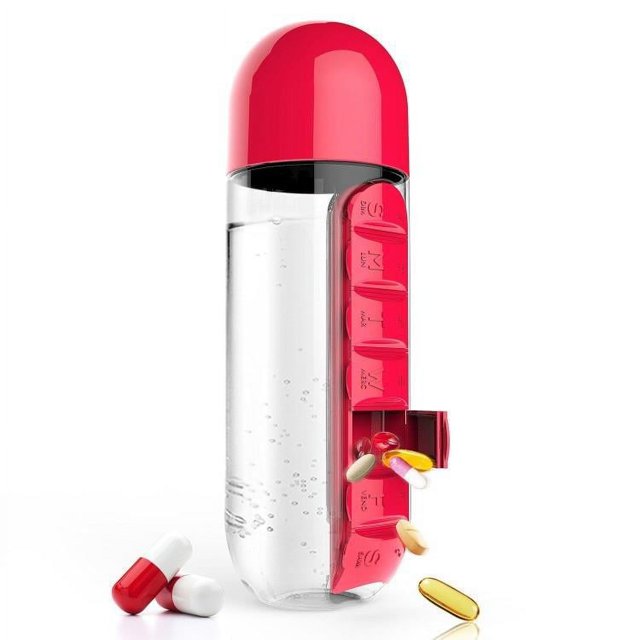 Botella de agua portátil 2 en 1 roja con organizador de pastillas de 7 días para viajes y medicamentos 600 ml
