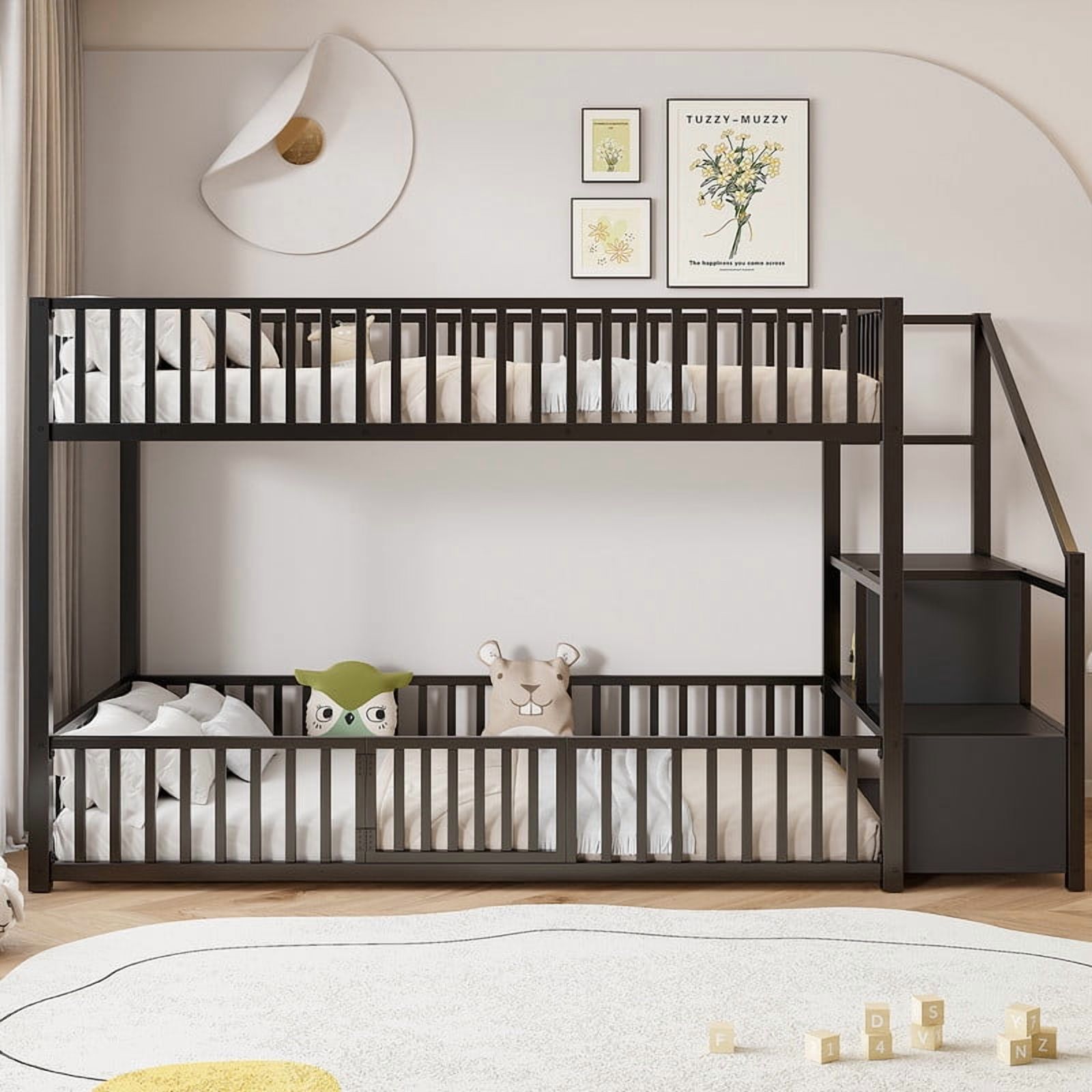 Twin Size Versatile Loft Bed with No Slat Floor Bed & Safety Guardrails, Kids Storage Bunk Bed Frame with Stair