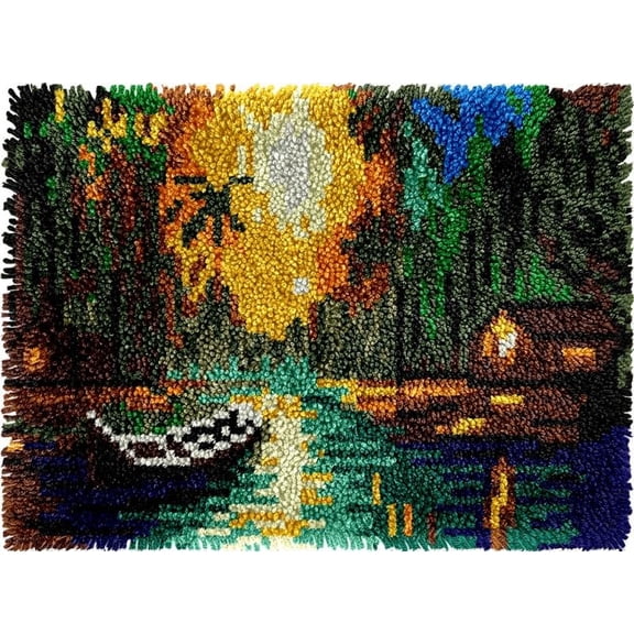 Boat on Lake Easy DIY Latch Hook Rug Kits DIY Tapestry Crochet Hooking Mat Making Kits With Printed Pattern Canvas Needlework Kits 52x38cm （n-71)
