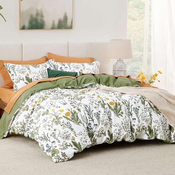 Duvet Cover Queen Size - Cotton Reversible Floral Queen Duvet Cover Set with Zipper Closure, 3 Pieces Soft & Breathable Green Bedding Set with 2 Pillow Shams 20"x26"