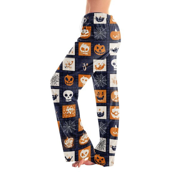 Womens Lounge Pants Halloween Plaid Pumpkin Print Elastic Waist Comfy Pjs Sleep Pants