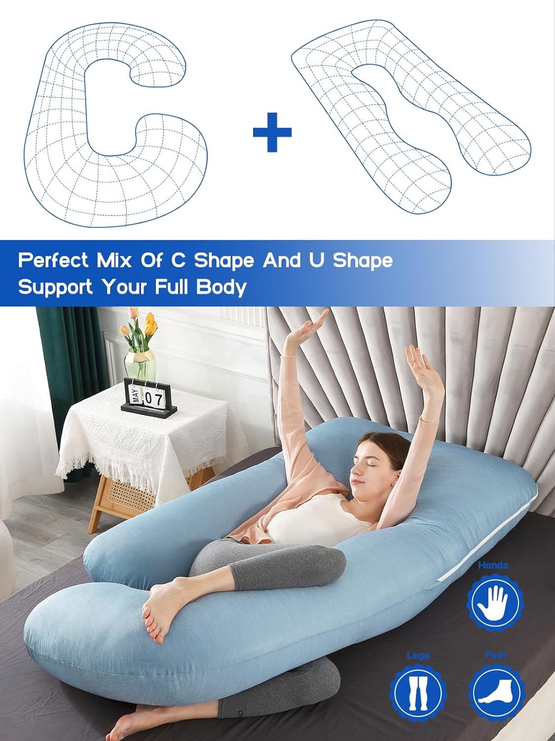Pregnancy Pillow with Cooling Cover, Side J Type Full-Body Pillow for Back, Legs and Belly Support, Comfortable Slumber for Pregnant Women(Blue)
