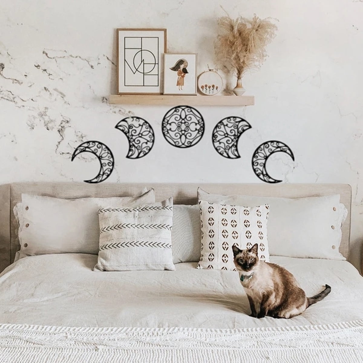 5PCS Black Moon Decoration Wall-mounted 3D Moon Phase Spiritual Bedroom Wall Decor Wood Moon Appearance Adornment Natural Design Nordic Moon Decoration for Christmas Home Decoration