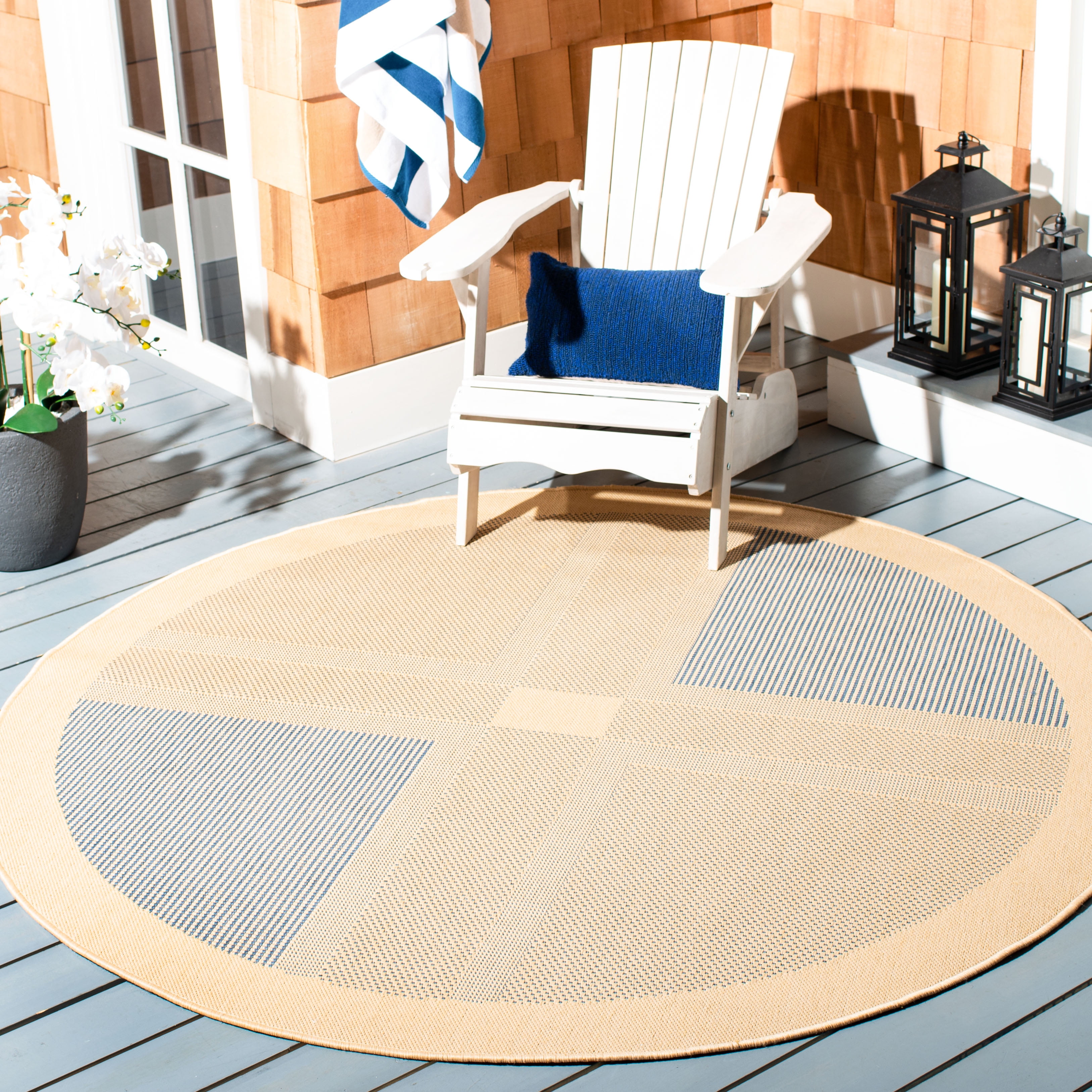 Safavieh Courtyard Eileen Geometric Indoor/Outdoor Area Rug, Natural/Blue, 6'7" x 6'7" Round