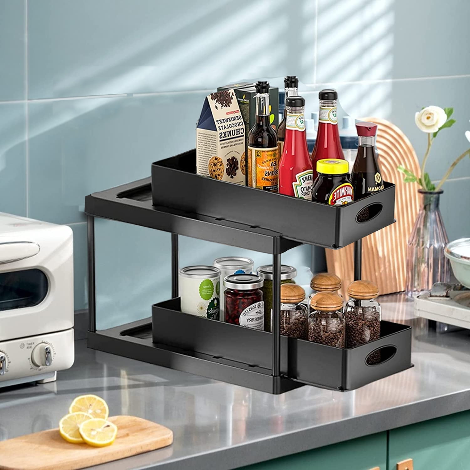 Pull Out Under Sink Cabinet Organizer, 2-Tier Sliding Storage Drawer Basket Organizer for Kitchen Bathroom with Hooks