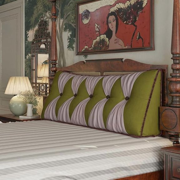 Triangle Reading Pillow Wedge Headboard Pillow Backrest Back Support for Queen Size Sitting Up in Bed Padded Headboard Wall Cushion Velvet Cover Green with Pink