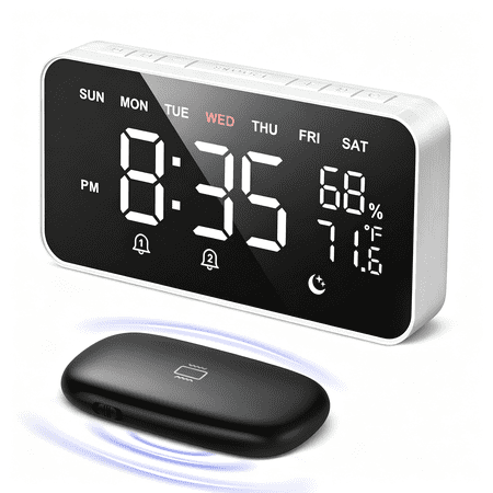 GJX Loud Alarm Clock for Heavy Sleepers Adults,Wireless Bed Shaker Vibrating Dual Alarm Clocks for Bedrooms,Dimmable Large Display,Temperature&Humidity Detect,7-Day Programmable Alarm