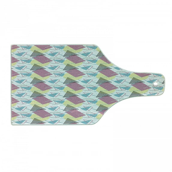 Retro Cutting Board, Pastel Colored Funky Geometrical Shapes from Eighties and Nineties Memphis Style, Decorative Tempered Glass Cutting and Serving Board, Wine Bottle Shape, Multicolor, by Ambesonne