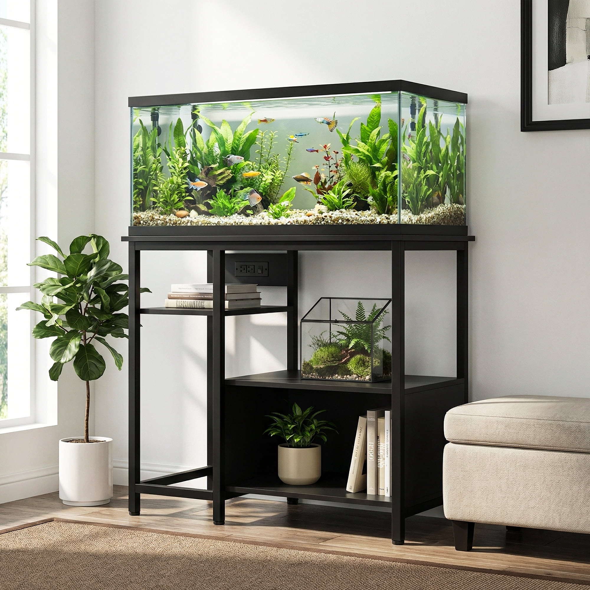 DSstyles 40-50 Gallon Fish Tank Stand with Power Outlets, Metal Aquarium Stand with Accessories Storage, Heavy Duty Fish Tank Table Suitable for Turtle, Reptile Terrarium, 1000LBS Capacity – Black