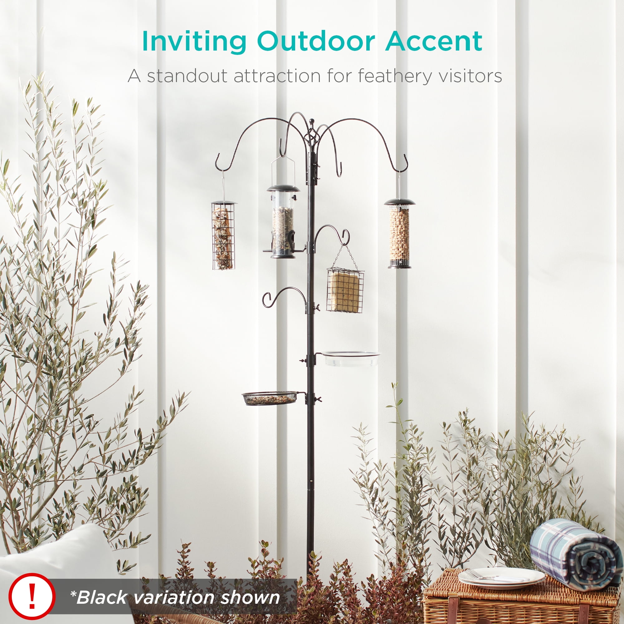Best Choice Products 89in 6-Hook Bird Feeding Station, Steel Multi-Feeder Stand w/ 4 Feeders, Tray, Bird Bath - Bronze