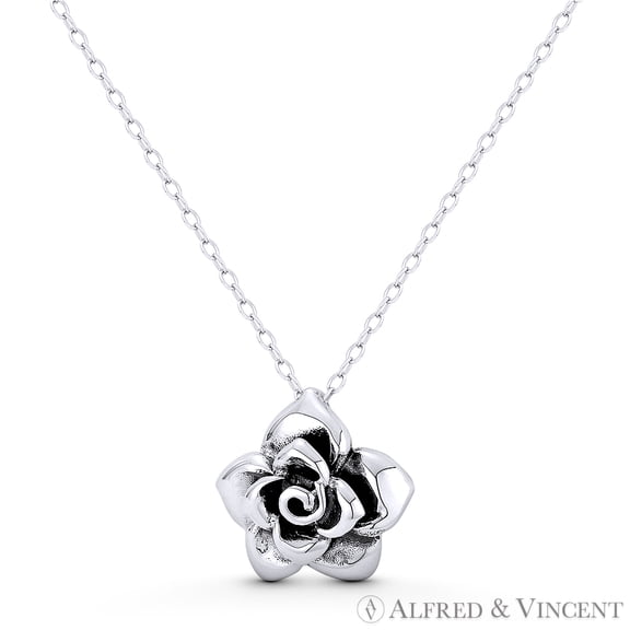 Rose Flower Charm 3D 15x15mm (0.6x0.6in) Pendant & Chain Necklace in Oxidized .925 Sterling Silver