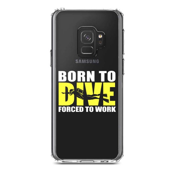 DistinctInk Clear Shockproof Hybrid Case for Samsung Galaxy S9 (5.8" Screen) - TPU Bumper Acrylic Back Tempered Glass Screen Protector - Born to Dive, Forced to Work
