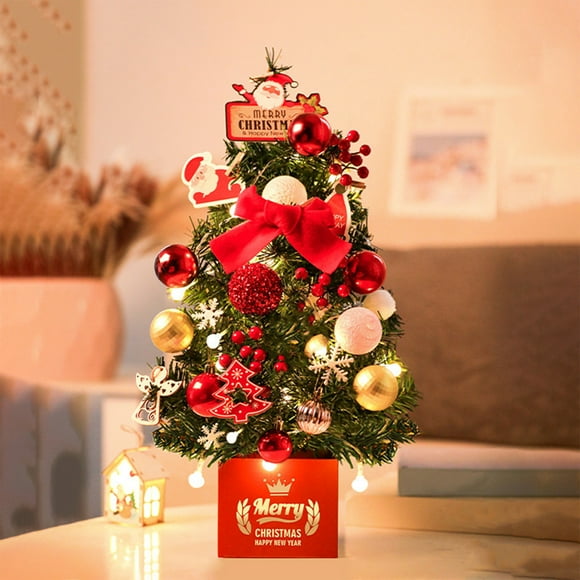 Dvkptbk Tabletop Christmas Tree with Flocked Pines Needles, Artificial Mini Xmas Tree with LED String Lights and Ornaments for Christmas Room Decor Home Table Top Decor and Crafts