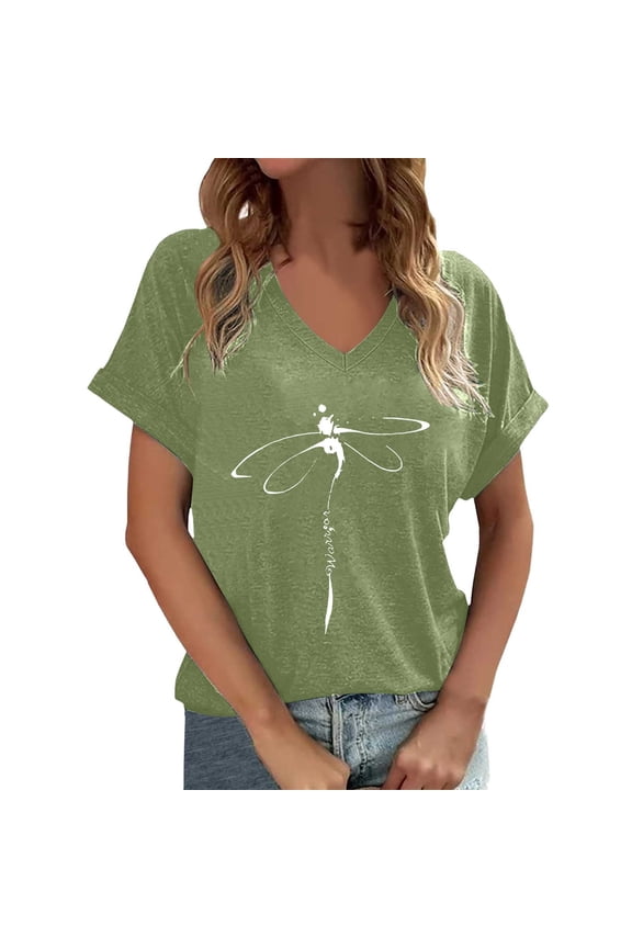 Womens Dragonfly T Shirts V Neck Short Sleeve Graphic Print Casual Loose Fit Nature Lover Summer Lightweight Tee Tops