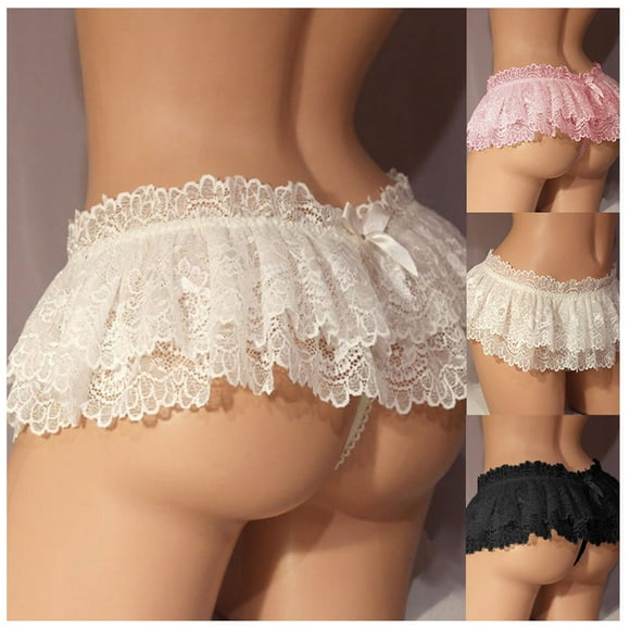 Jinhomg Lace Lingerie for Women 2025 Trendy See Through Bodycon Mini Skirt Ultra Short Sheer Knickers Ladies Sleep Thongs White M