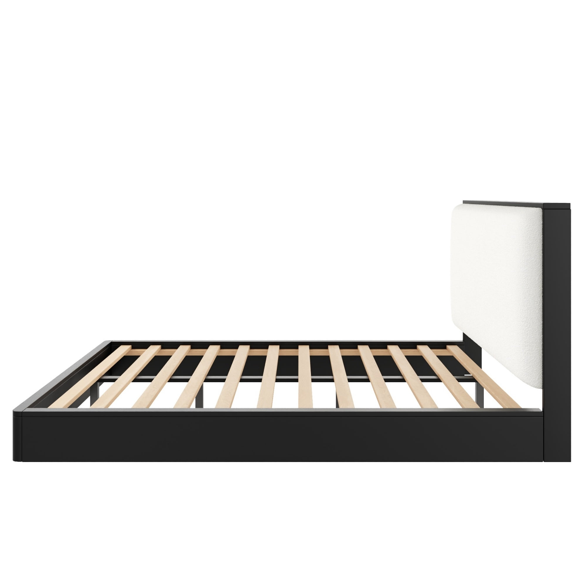 Euroco Wood Queen Size Platform Bed with Bouclé Upholstered Headboard, No Box Spring Needed, Black