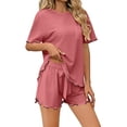 thumbnail image 2 of DYTTDG Women's Silk Short Sleeve Pajama Set | 2-Piece Ruffle Hem Top & Drawstring Shorts with Side Pocket, Solid Color Loungewear for Summer, 2 of 7