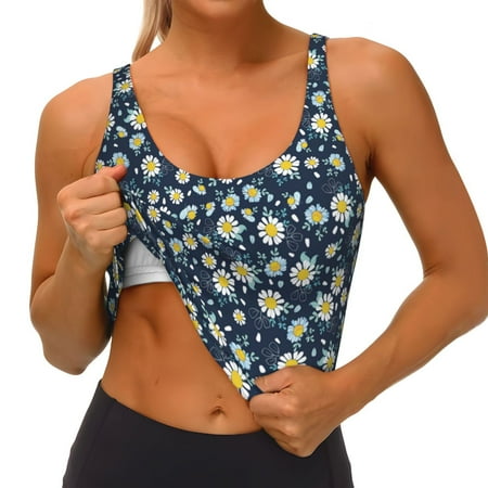 Qokaie Daisy Floral B Pattern Womens Scoop Neck Sports Bra Breathable Workout Vest Padded U Back Medium Impact Fitness Gym Yoga Bra Workout Crop Top