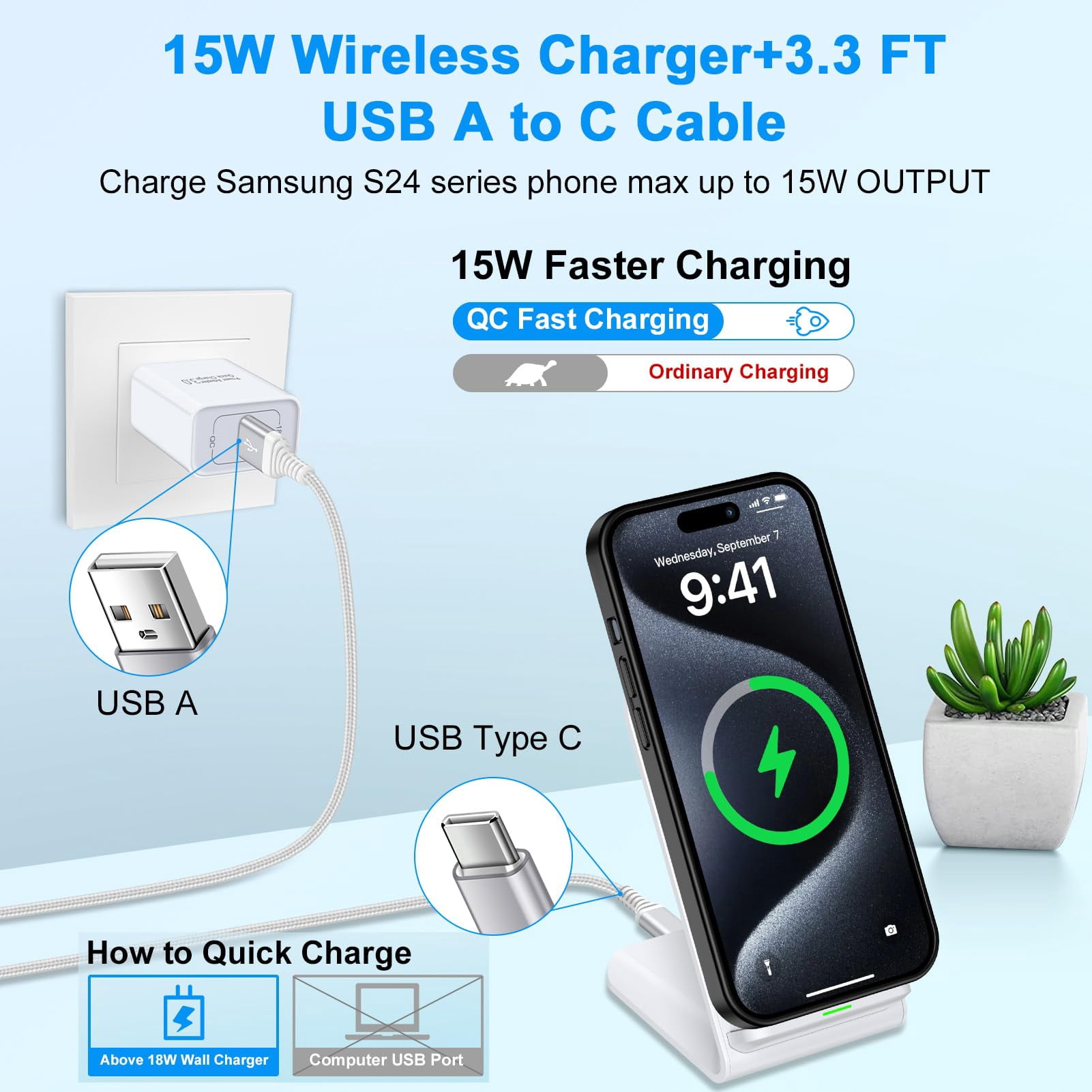 ABCPOW 2Pack Fast Wireless Charger Stand15W Wireless Charger Pad Cordless Charging Station Android Phone Holder Dock Compatible for iPhone 17 16 15 14 Samsung Galaxy S25 S24 S23 Ultra S22 Plus,White