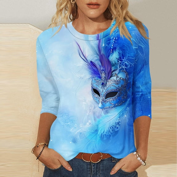 SOOMLON Mardi Gras Shirts Women Tuesday Shirts Carnival Themed Party 3/4 Sleeve Outfits Funny Mask Graphic Tshirts Tunic Crewneck Tops New Orleans Holiday Blouses 2025 Blue XL