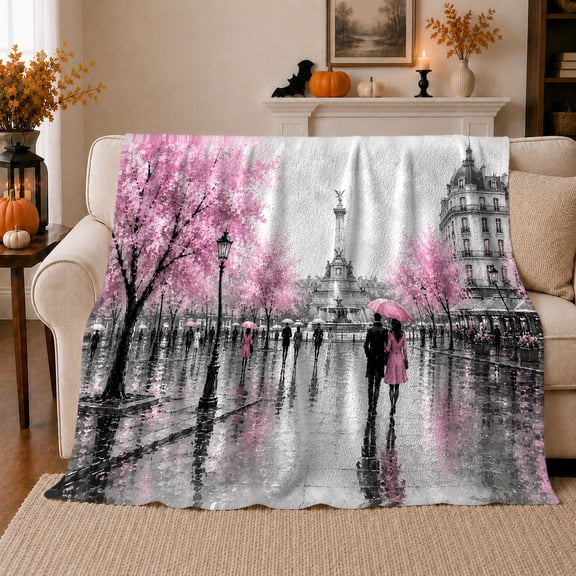 Romantic Paris Rain Scene Cherry Blossom Couple Walk, Peaceful Artistic Scene, Warm Flannel Blanket for Home Library and Reading Nook, Art Lovers Valentine's Day Gift, Artistic Home Decor