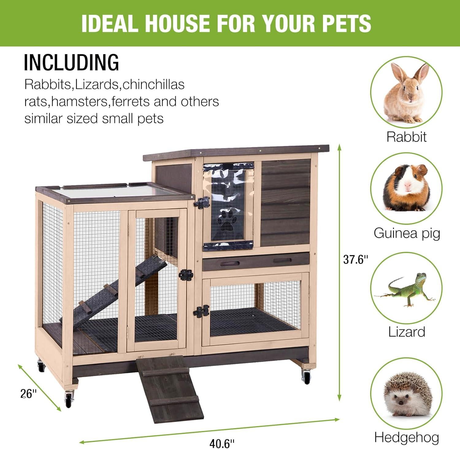 MEDEHOO Rabbit Hutch Wooden Rabbit Cage on Wheels 2 Story Guinea Pig Cage with Urine Guards,Pull Out Tray(Coffee Color)