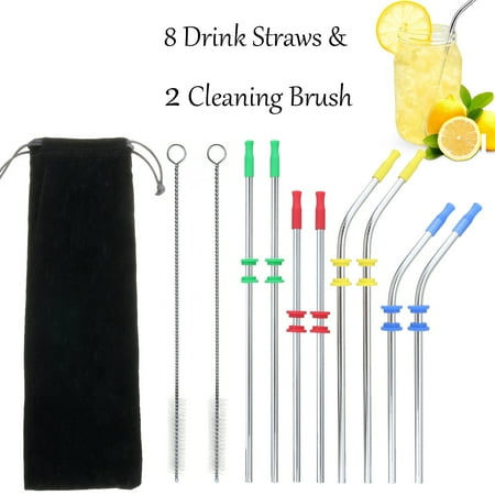 Stainless Steel Oval Silencer - Stainless Steel Straight & Curved Straws fits Yeti Tumbler Rambler Cups 20 oz - Strong Reusable Eco Friendly, 8 Straws + 2 Cleaner Brush + 4 Colors Silicone Silencers Kit