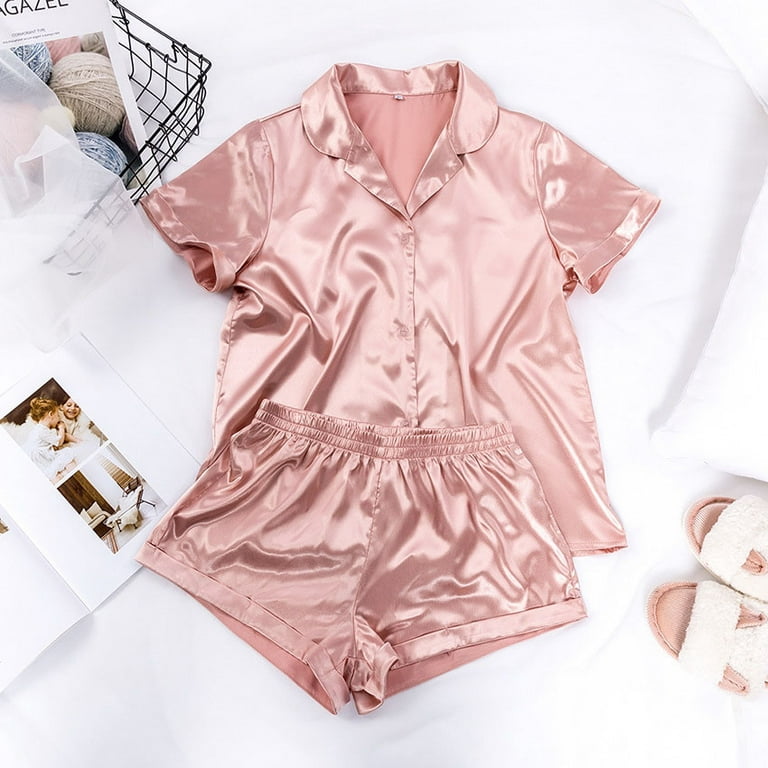 Satin Pajamas Sets Women's Short Sleeve Sleepwear Soft Silk Button Down  Loungewear Two Piece Pjs Shorts Set S-XL 